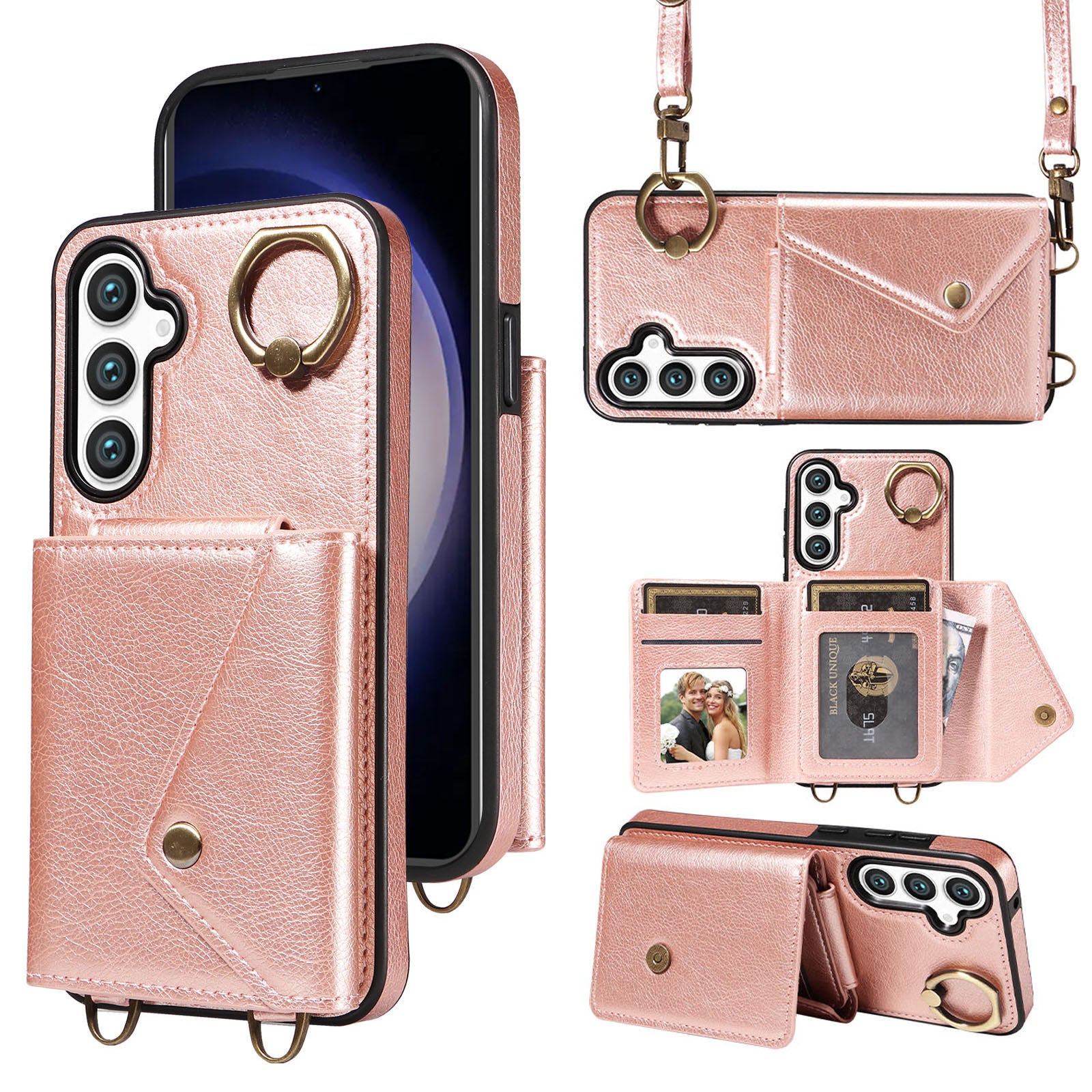 002 Cellphone Cover for Samsung Galaxy S23 FE Ring Kickstand Litchi Texture Leather TPU Card Bag Phone Case with Shoulder Strap 002 Cellphone Cover for Samsung Galaxy S23 FE Ring Kickstand Litchi Texture Leather TPU Card Bag Phone Case with Shoulder Strap